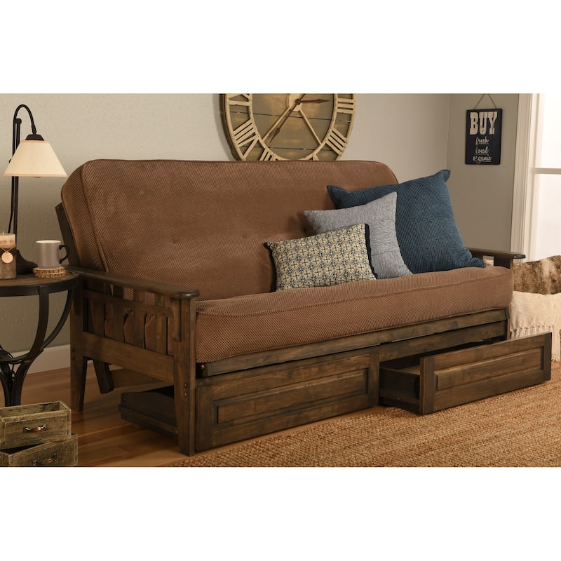 Somette Tucson Full Size Futon Set in Rustic Walnut Finish with Storage Drawers and Mattress - Marmont Mocha