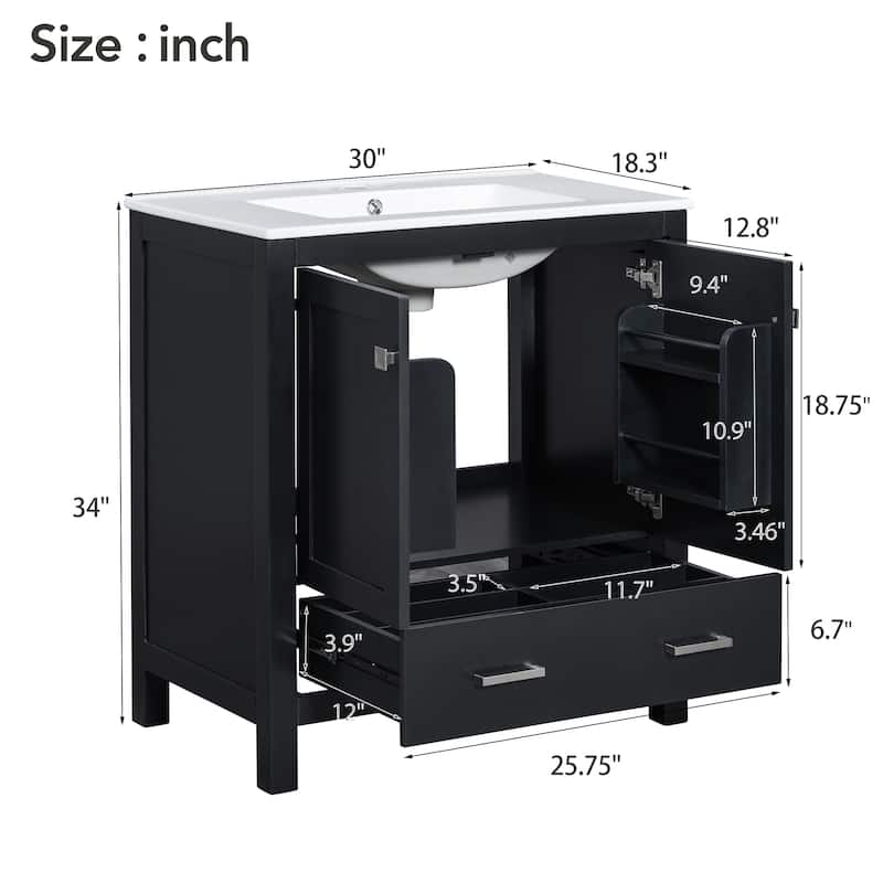 60 Inch Bathroom Vanity with Double Ceramic Sinks, 4 Doors, 2 Drawers, and Divided Storage - Freestanding Design