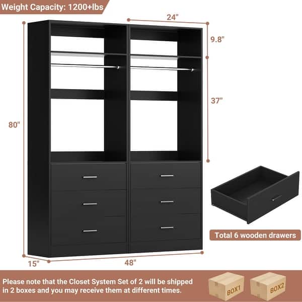 dimension image slide 9 of 11, Kyrvo Freestanding Closet System with 3 Wooden Drawers and Hanging Rod and Storage Shelf, Walk-in Closet Organizer Wardrobe