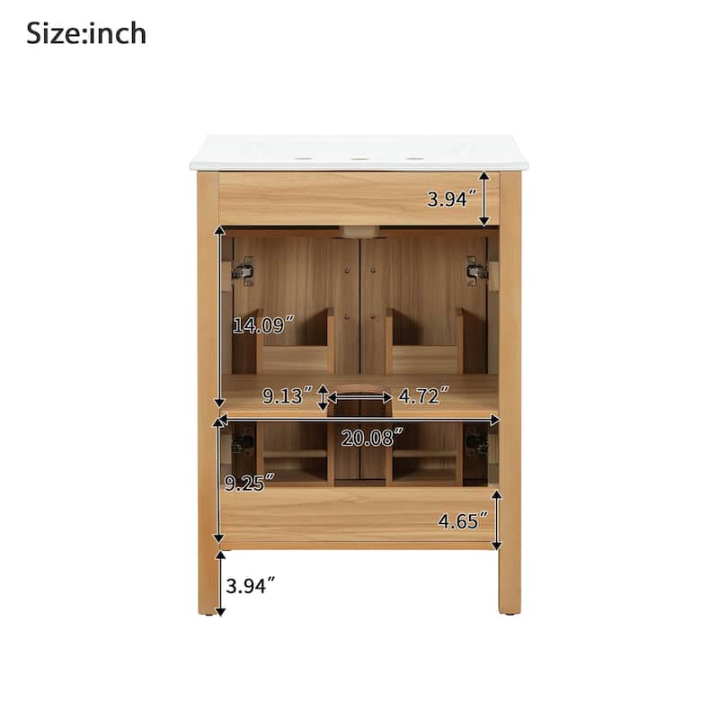 24'' Bathroom Vanity with Ceramic Sink, Solid Wood Frame, Flip Drawer, 2 Soft-Close Doors & Adjustable Shelf