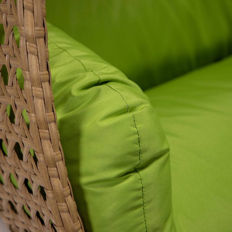 LeisureMod Mendoza 2-Person Hanging Egg Swing Chair - Handcrafted Light Brown Wicker, Patio Hammock Lounger with Cushions - 53"