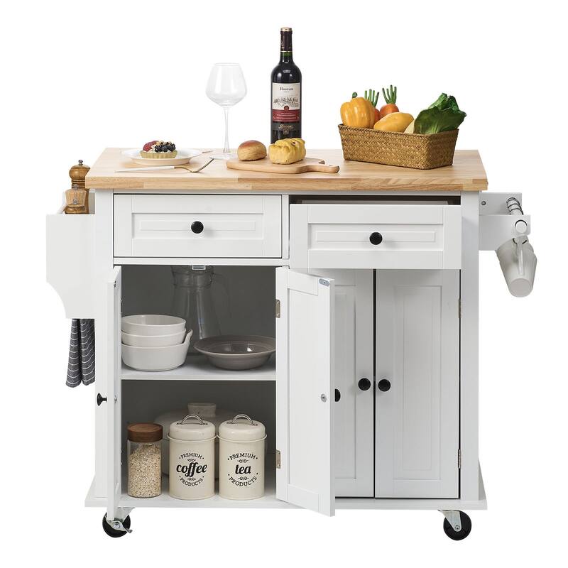 Modern Kitchen Island Portable Kitchen Island with 2 Drawers, Storage Cabinet, Spice Rack and Towel Rack, for Kitchen