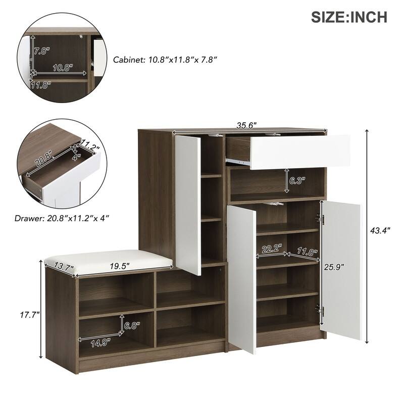 Grondin Modern 2-in-1 Shoe Storage Cabinet and Shoe Bench with Padded Seat, 3 Push-Opened Doors, 1 Drawer and Adjustable Shelves