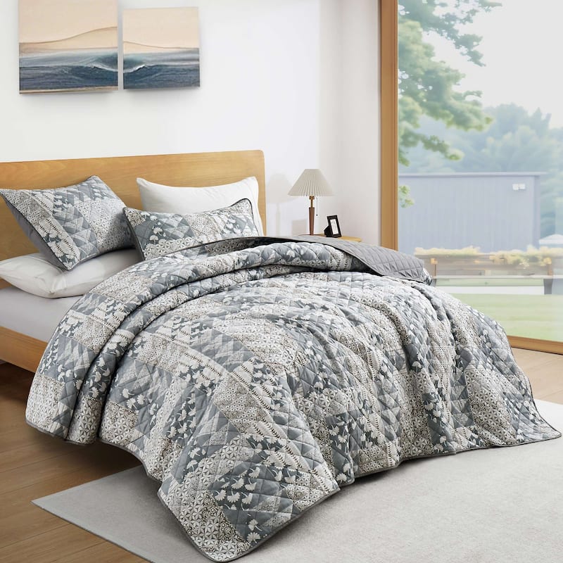 3 PCS Printed Coverlet Set Floral Geometric Bedspread Reversible Quilt and Shams Set - Patina - Full - Queen