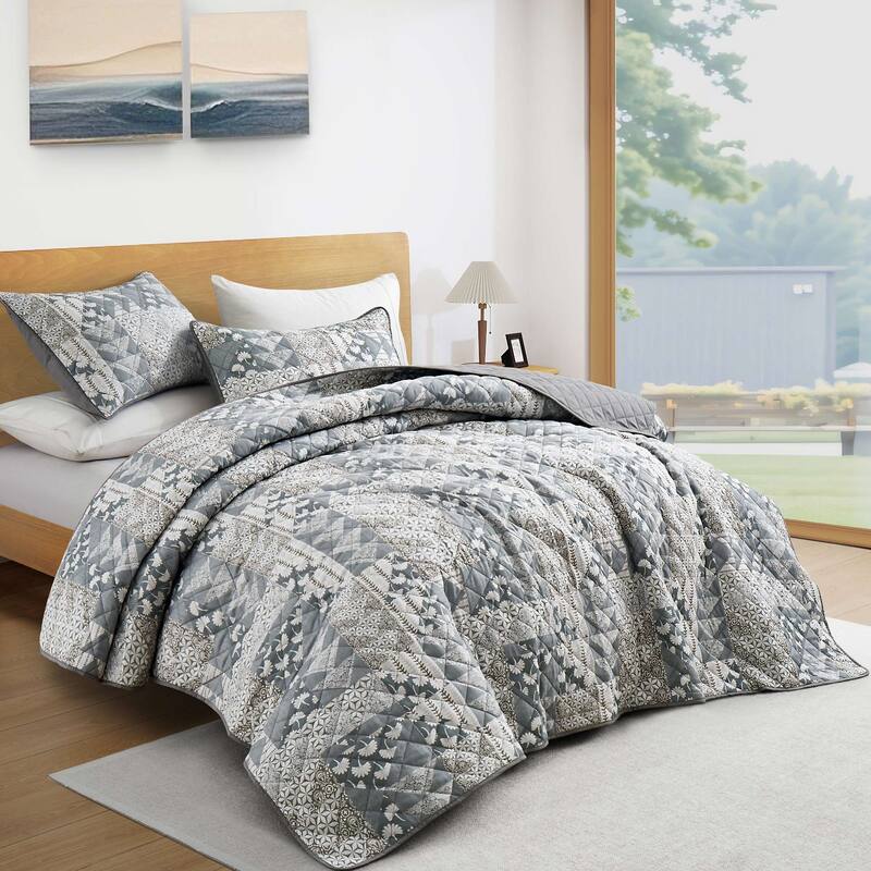 3 PCS Printed Coverlet Set Floral Geometric Bedspread Reversible Quilt and Shams Set