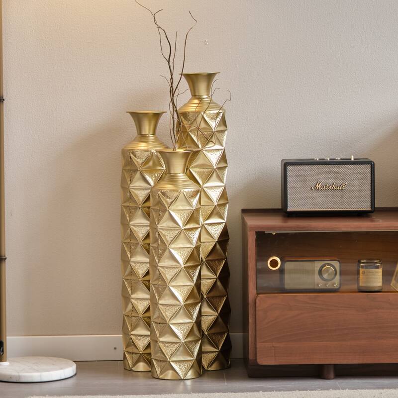 Metal decorative vase High Distress Metal center vase with 3D triangle pattern, set of 3 vases for home decoration