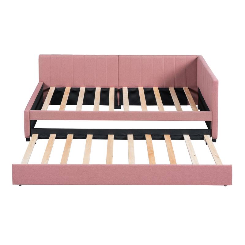 Twin Daybed Frame Linen Upholstered Sofa Bed L Shaped Backrest Mattress Holde Slat Support with Twin Size Trundle