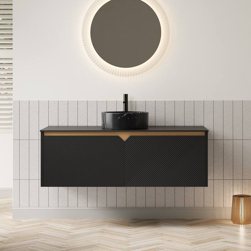 48" Bathroom Vanity with Vessel Sink, Wall-Mounted Floating Storage Cabinet with Double Doors - Black-Round