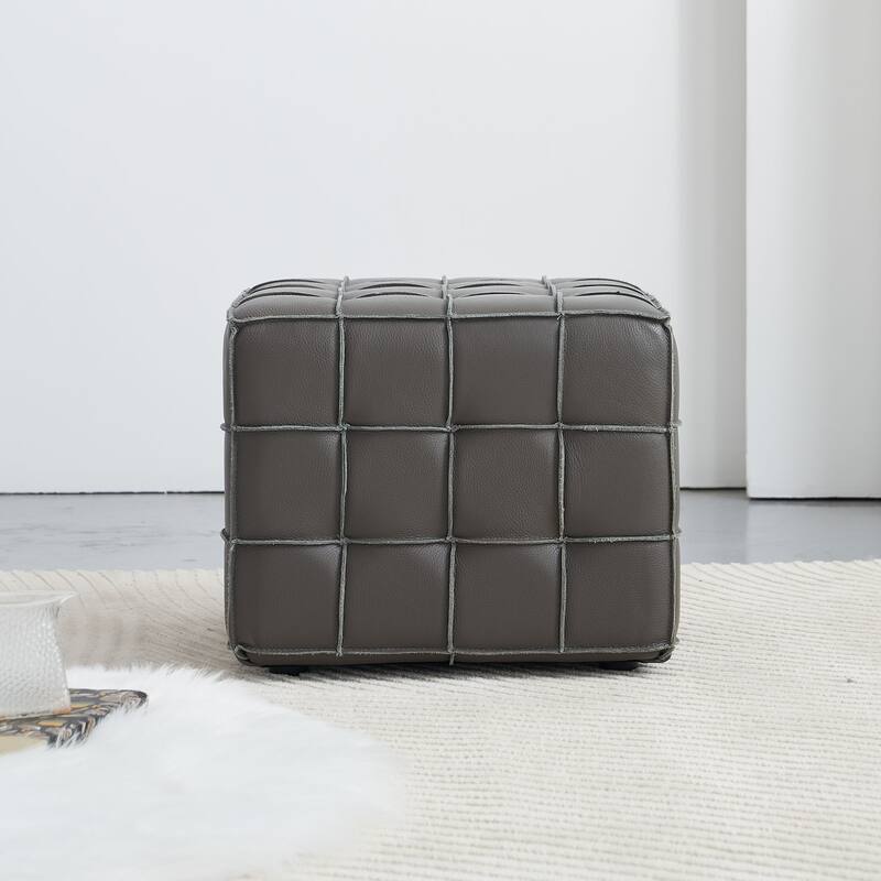 17.32" W Genuine Leather Tufted Ottoman,Footstool for Living Room & Bedroom,Grey