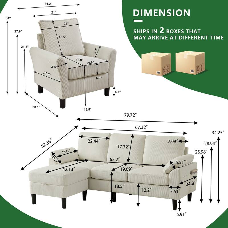 3 Pieces Corduroy Living Room Set with Sectional Sofa, Ottoman and Chair