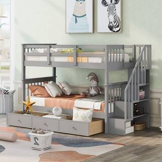 slide 2 of 18, Twin over Twin Storage Bed Frame, Versatility Grey Wooden Bunk Bed Frame with 3 Drawers and Shelves, No Box Spring Required Gray - Twin