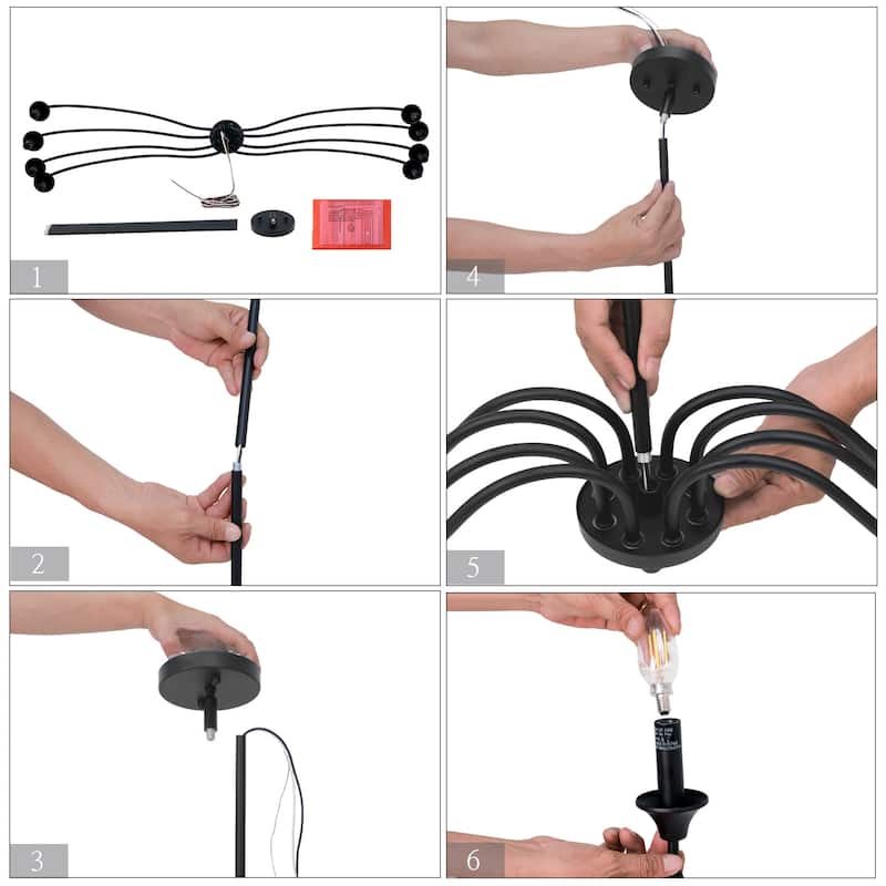 Modern Black 8-Light Chandelier Classic Candle Wheel Lights for Dining Living Room Entryway - D 47.2" x H 9.4"