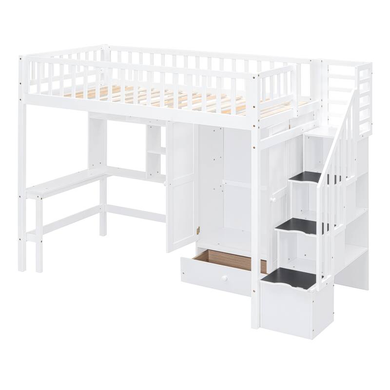 Loft Bed with Bookshelf, Drawers, Desk and Wardrobe