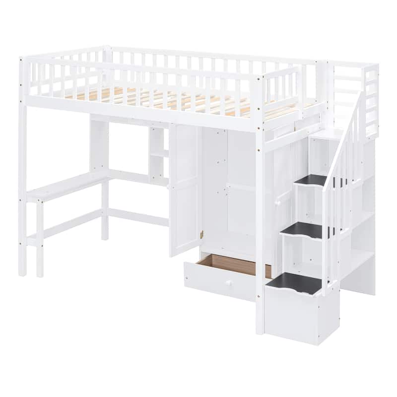 White Twin Loft Bed with Bookshelf, Drawers, Desk & Wardrobe - Space-Saving Study & Storage Solution