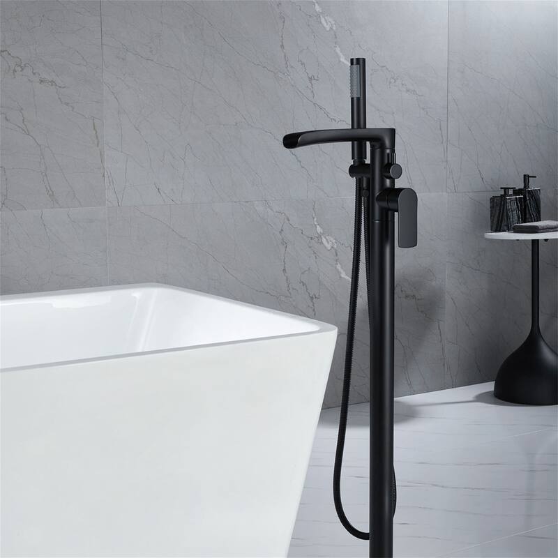 Waterfall Tub Filler Freestanding Bathtub Faucet Black Floor Mount Single Handle Modern Bathroom Tub Faucets With Hand Shower