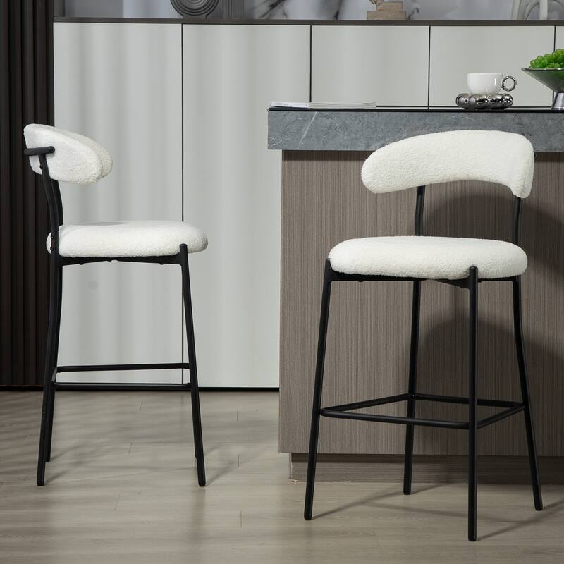 26'' Counter Height Bar Stools Teddy Fabric Cover Kitchen Island Counter Bar Stool with Black Powder Coating Base and Footrest