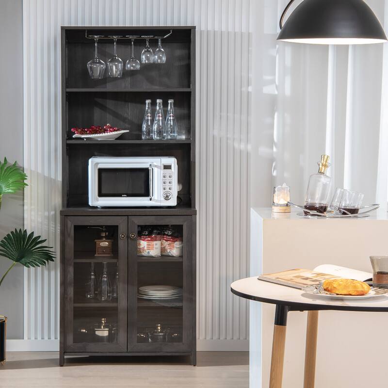 Tall Bar Cabinet Kitchen Buffet w/ Glass Holder & Adjustable Shelf