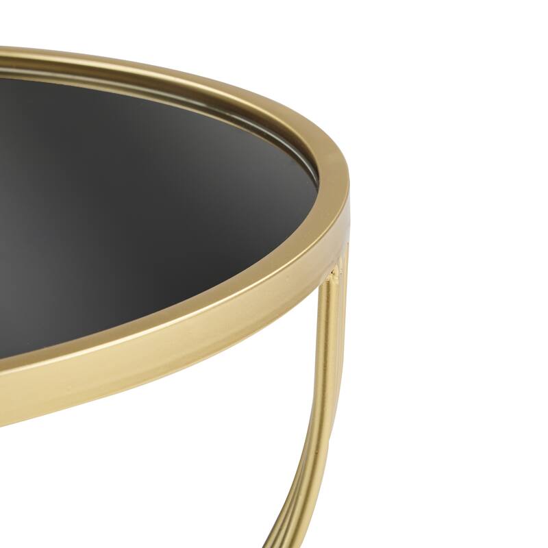 Modern Elegant Golden Hourglass-shaped Accent Table Compact Side Table with Streamlined Metal Frame and Black MIirror Top