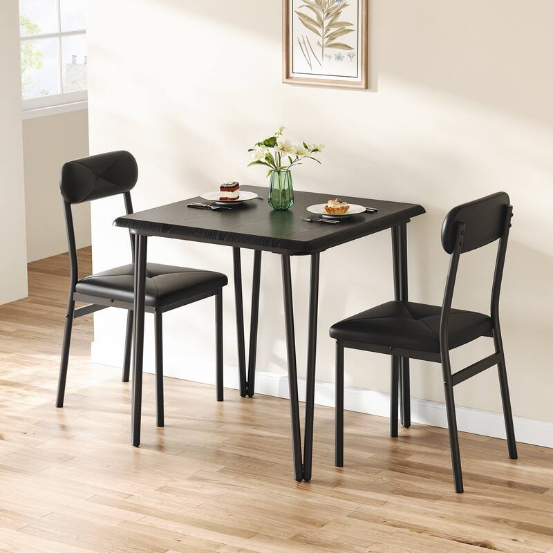 Dining Table for 2, Small Square kitchen Dinner Table Set for 2,Space Saving Wood Modern Dinette With Upholstered,3 Piece - Black