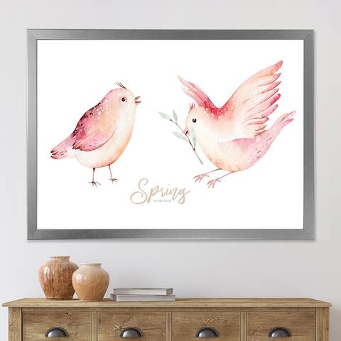 Designart 'Spring Bird on Blooming Branch With Green Leaves' Traditional Framed Art Print