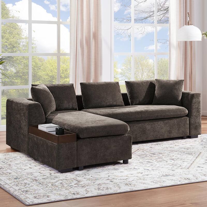 93.7" L-Shaped Storage Sectional - Upholstered Sofa with Built-in Wooden Compartment - Brown