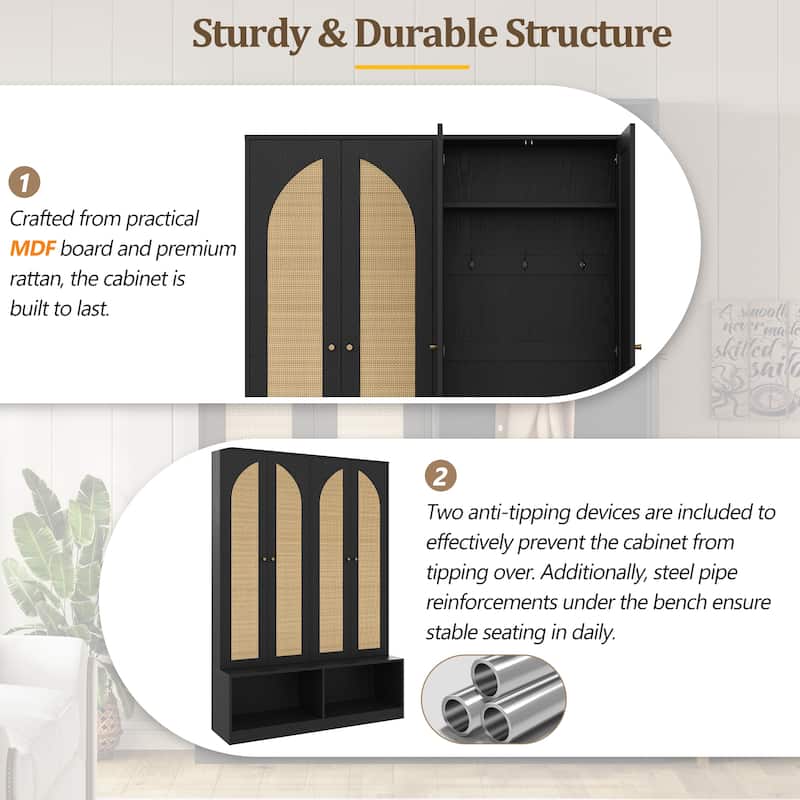 Farmhouse Hall Tree – 4 Rattan Doors, 4-in-1 Bench with Hooks & Shoe Storage, Black, 55.1" Wide‌