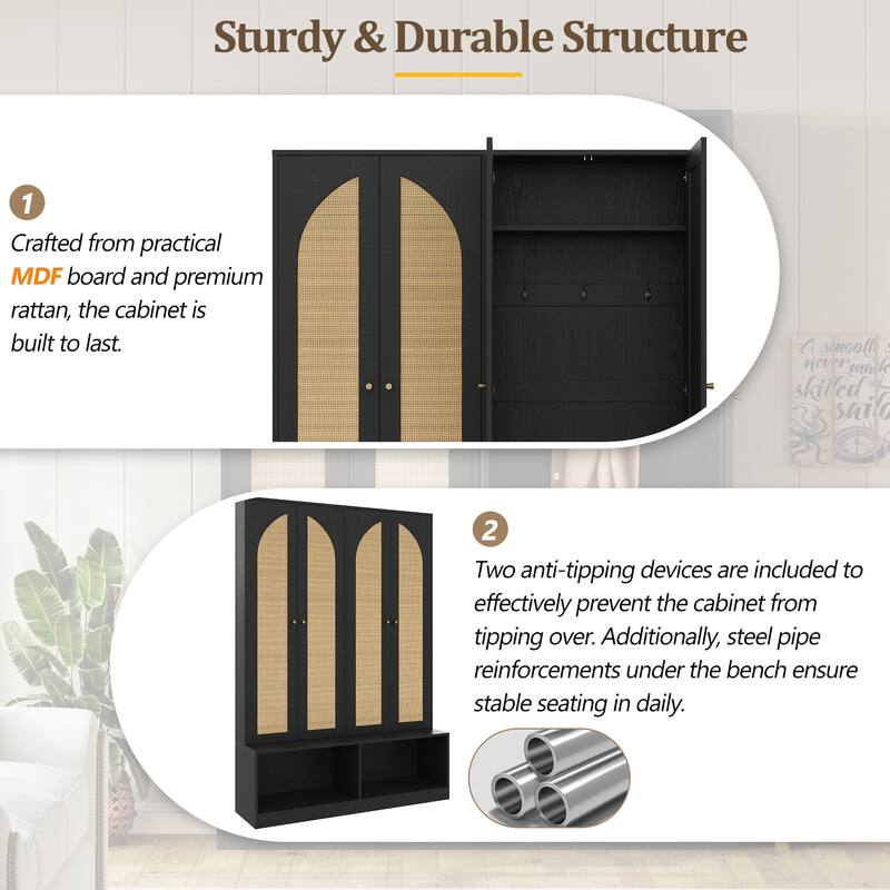 Farmhouse Hall Tree with Rattan Doors, Versatile 4-In-1 Seating Bench with 6 Hooks, Entryway Shoe Cabinet with Shelf