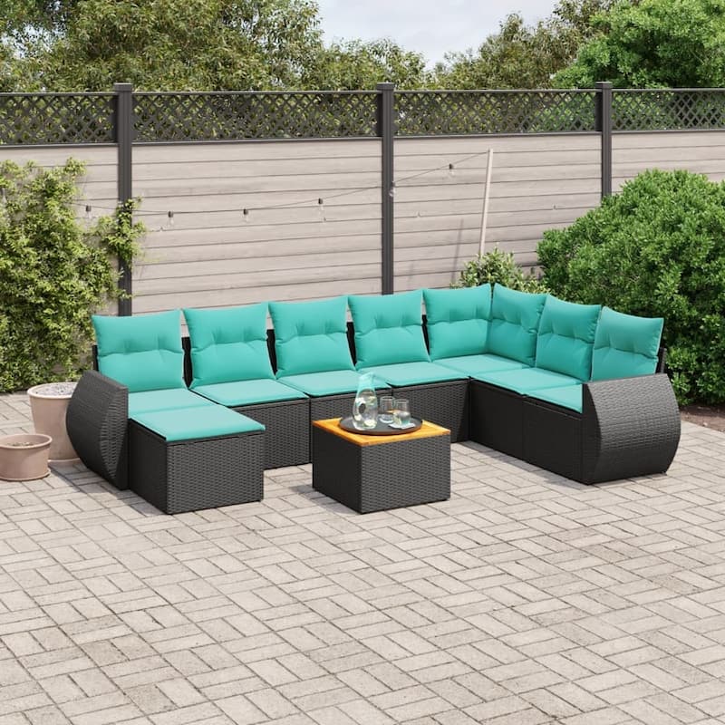 vidaXL 9 Piece Patio Sofa Set with Cushions Black Poly Rattan - 24.4 x 24.4 x 27.2