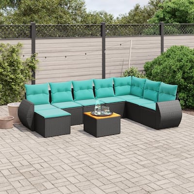 vidaXL 9 Piece Patio Sofa Set with Cushions Black Poly Rattan - 24.4 x 24.4 x 27.2
