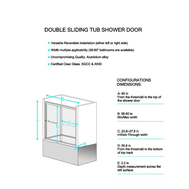 60x60 Sliding Tub Shower Door, Double Bypass, 6mm Tempered Glass, Bright Aluminum Frame, Hidden Rollers, 4 in Adjustable