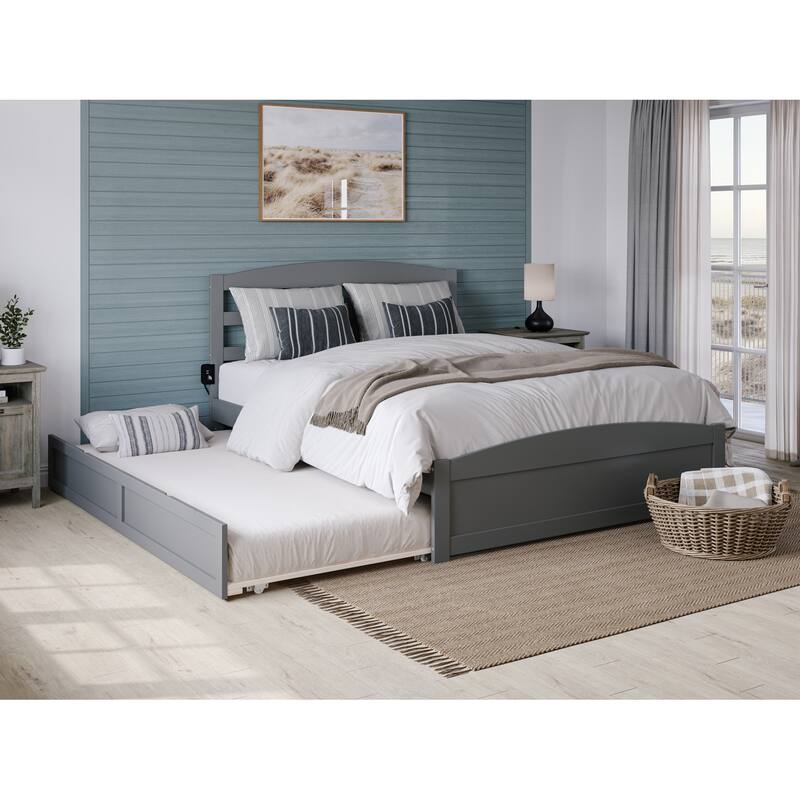Twin XL Platform Bed with Trundle & Charging Station - Grey Solid Wood Bed Frame