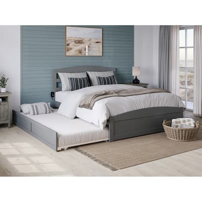 Twin XL Platform Bed with Trundle & Charging Station - Grey Solid Wood Bed Frame