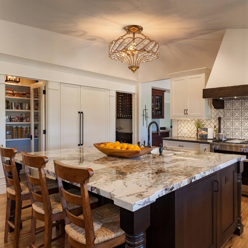 3-Light Glam Crystal Flush Mount Ceiling Light - Antique Gold - 15.8 in W × 12.6 in H