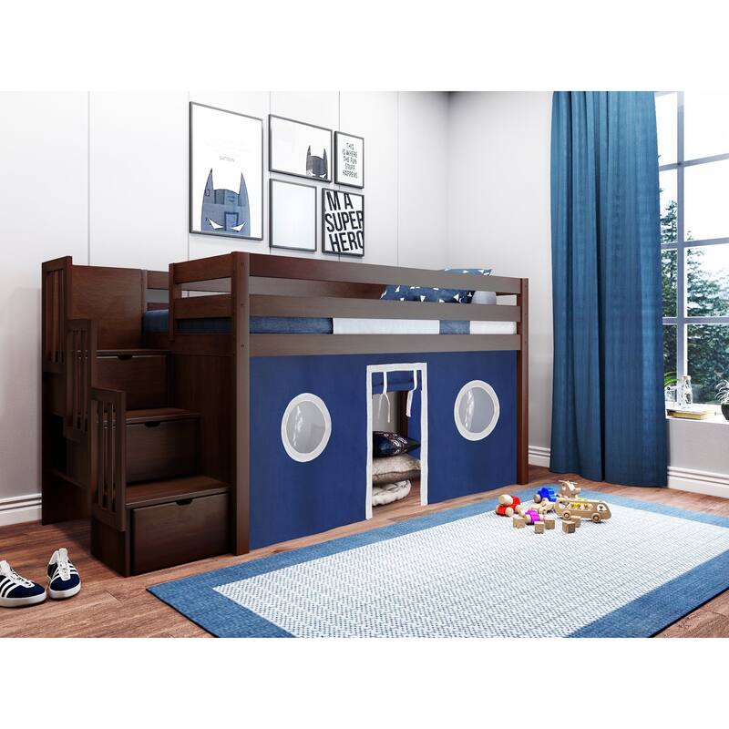 JACKPOT Contemporary Low Loft Twin Bed with 3 Step Stairway and Tent