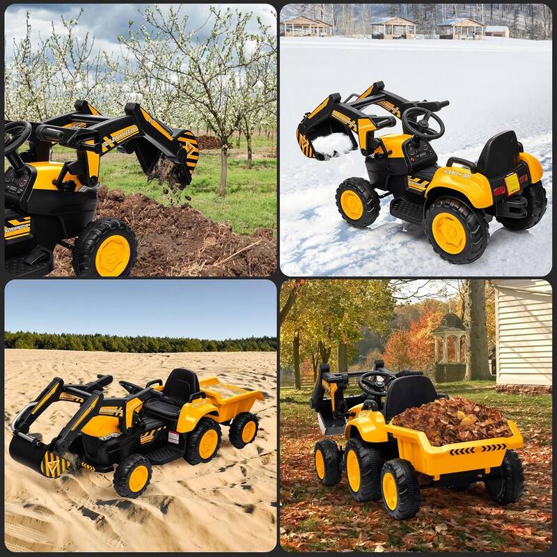 12V Kids 3 in 1 Ride on Excavator & Tractor with Detachable Trailer