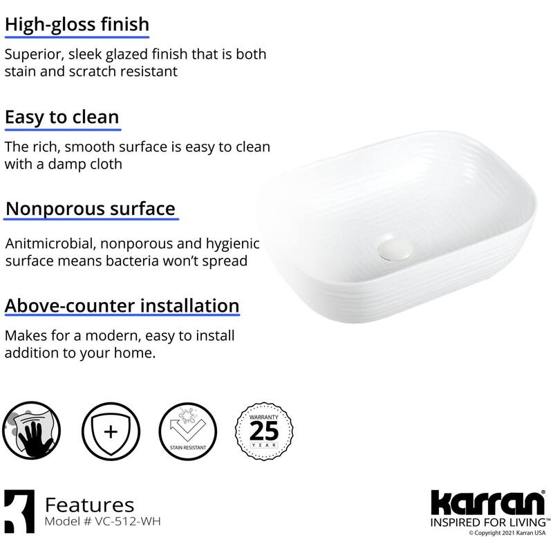 Karran USA VC-512 Valera 18-1/4" Rectangular Vitreous China Vessel
