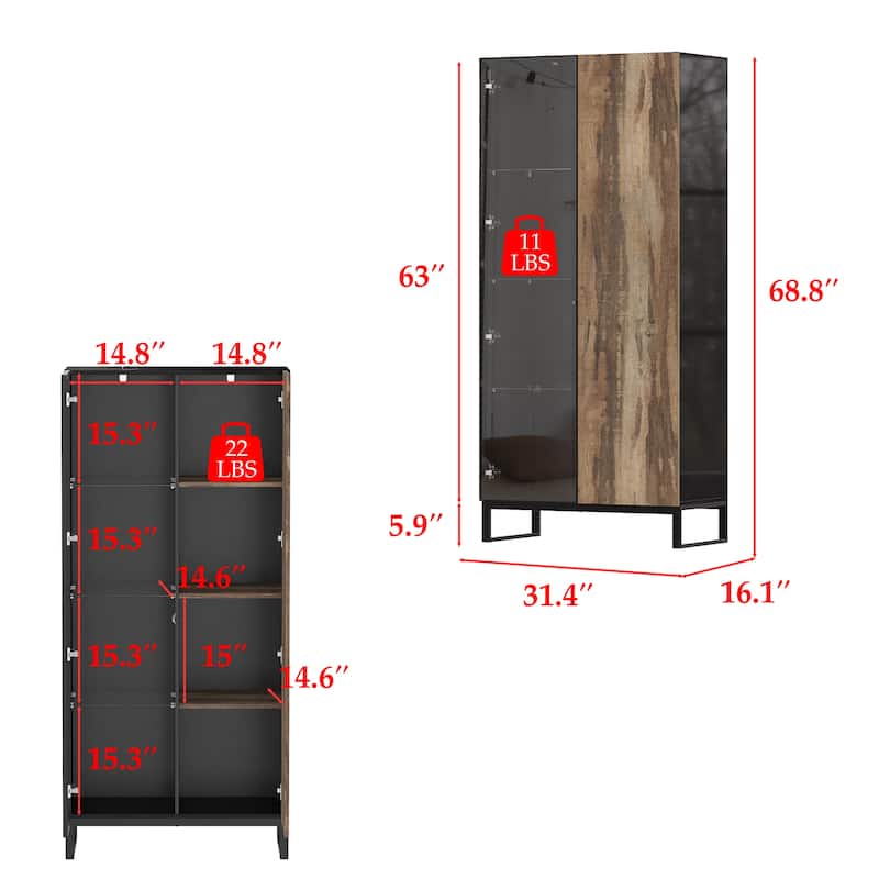 Glass Display Cabinet with LED Spotlight and Wood Grain Door Tall Aluminum Frame Curio Cabinet