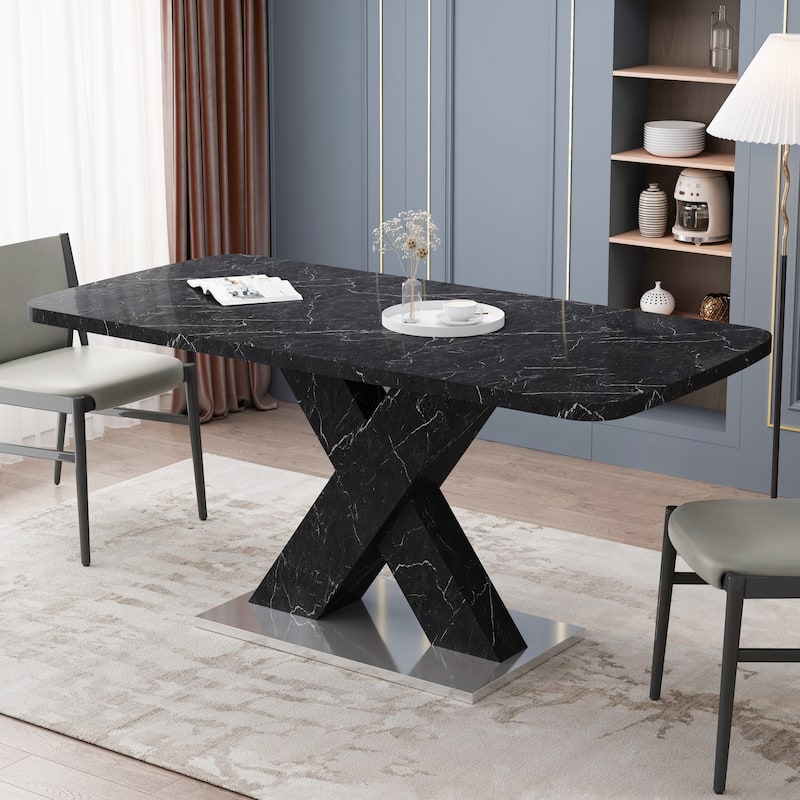 Modern Square Dining Table, Stretchable, with X-Shape Table Leg with Metal Base