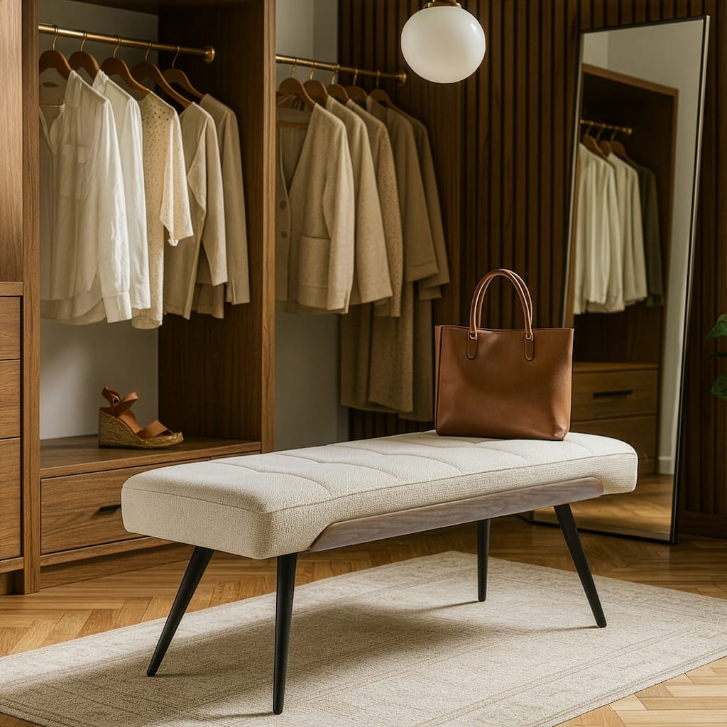 Bevin Beige Washed Woven Fabric Bench with White Washed Wood Accents and Black Iron Legs