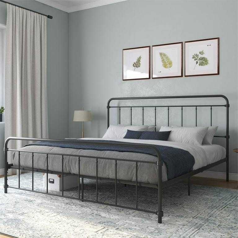 Vintage Black Metal Platform Bed Frame with Headboard and Footboard