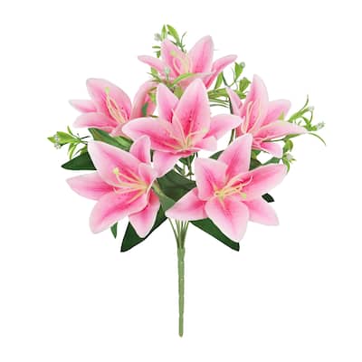 Set of 4 Pink Artificial Stargazer Lily Flower Stem Bush Bouquet 13in - 13" L x 8" W x 8" DP