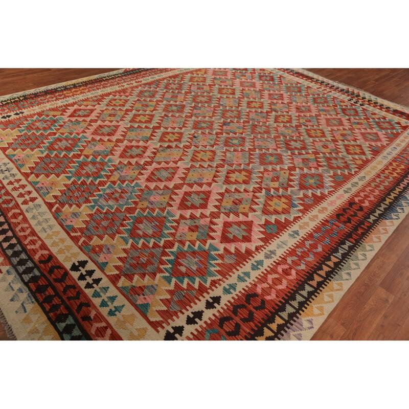 Reversable Trellis Kilim Oriental Area Rug Handmade Wool Carpet - 10'0"x 12'9"