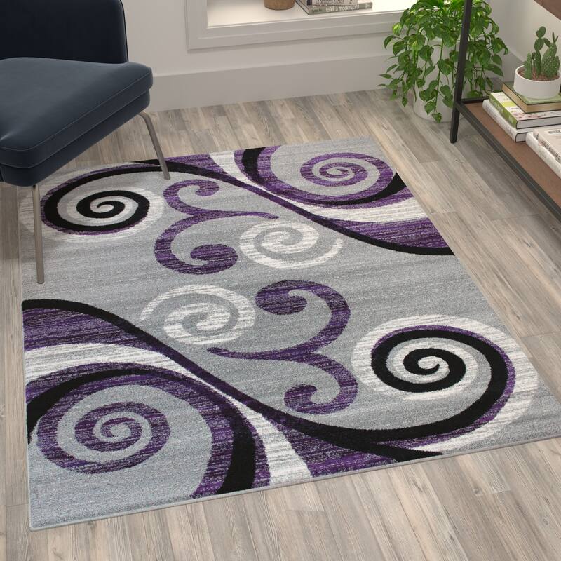 Modern Distressed Swirl Abstract Style Indoor Area Rug - 4' x 5' - Purple