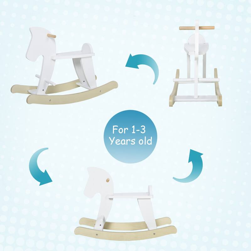 White Wooden Rocking Horse for Toddlers Ages 1 to 3 with Backrest and Safety Handles - 26.75" L x 10.5" W x 19" H