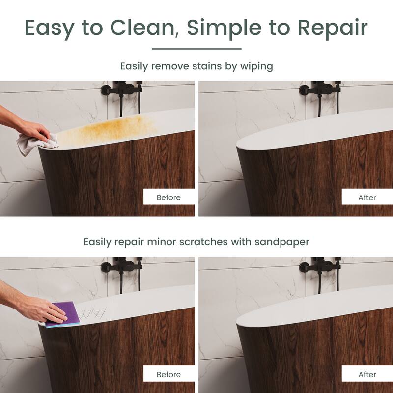 51 in. Solid Surface Freestanding Deep Soaking Bathtub with Built-In Seat, Right Drain, Matte White with Wood Grain Pattern