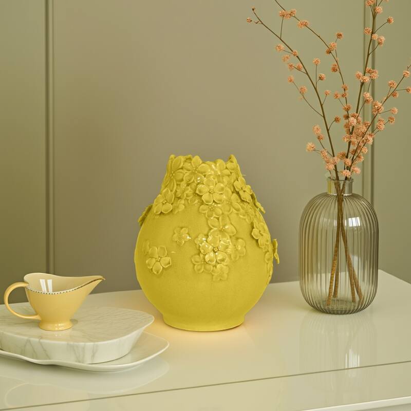 Rossetta Graceful Ceramic Free-Flow Neck Design Decorative Vase with Delicate Small Floral Motifs, 11 Inch