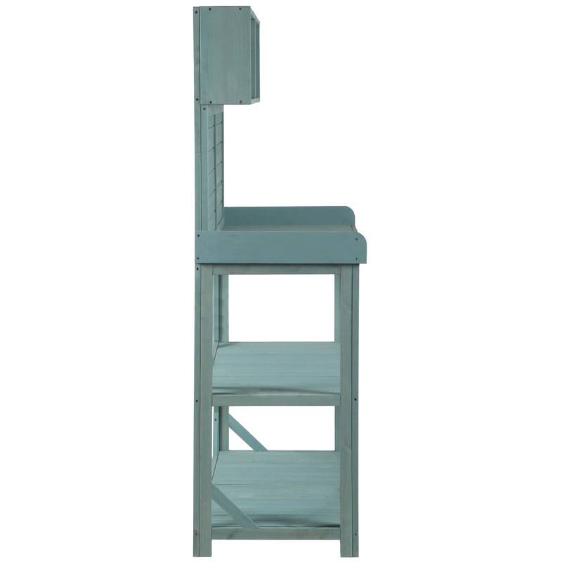 65" Large Wooden Farmhouse Rustic Outdoor Potting Bench Table, Patio Workstation with 4 Storage Shelves and Side Hook