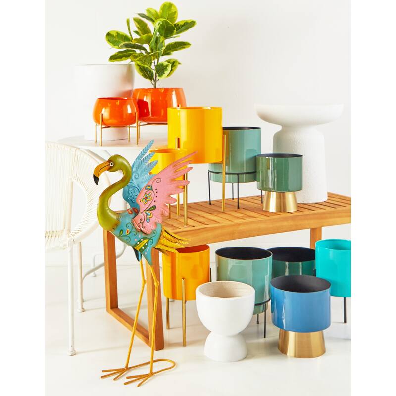 Multi Colored Metal Indoor Outdoor Embossed Standing Flamingo Decorative Garden Sculpture with Coiled U Shaped Feet (Set of 2)