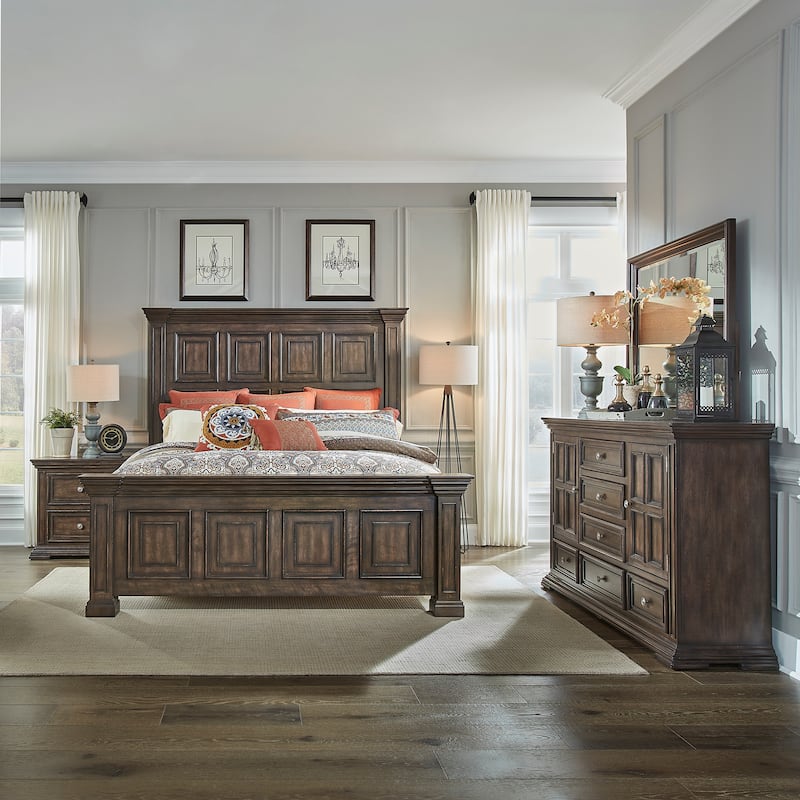 Liberty Furniture Big Valley Panel Bed, Dresser, Mirror, Chest, and Nightstand- California King, King or Queen - Brownstone w/ Heavy Distressing - King - 4 Piece