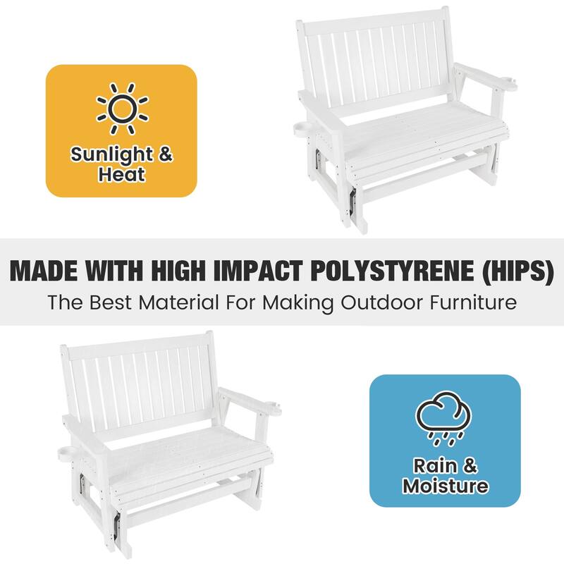 HIPS Patio Glider 2-Seat with Cup Holders, Heavy Duty 900 LB, All-Weather Resistant